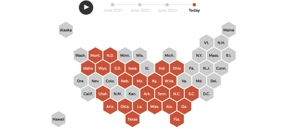 Hexagonal map of the U.S. with each state as a hexagon; some states are colored red to highlight state bans on trans health care through 2025, while others are gray, with a timeline above showing progression from June 2021 to today.